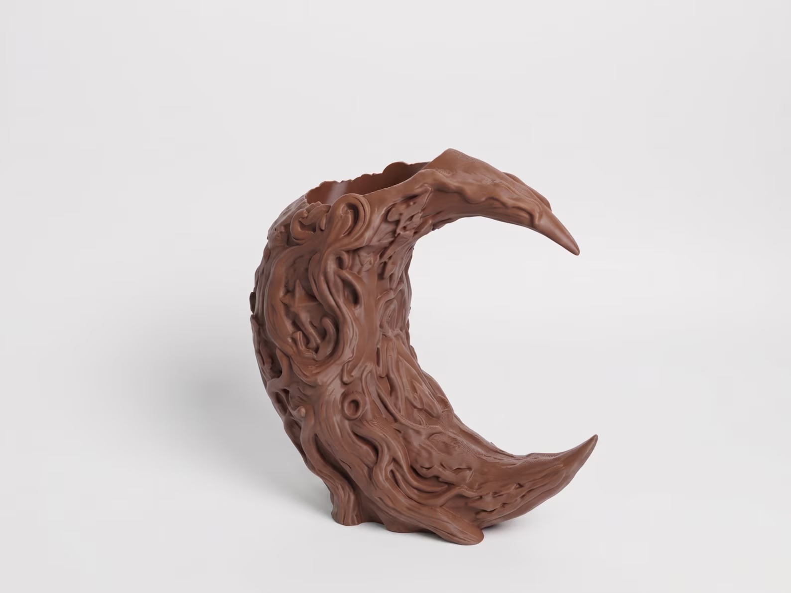 Crescent moon vase with tree bark and twisting roots